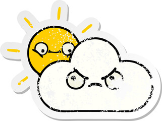 distressed sticker of a cute cartoon sunshine and cloud