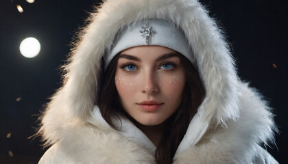 Polar Faerie Woman - Young, Shy Beauty in White Fur Coat and Firework-Lit Night Sky