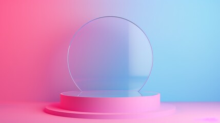 Blue-pink gradient 3D podium with glass backdrop for elegant display