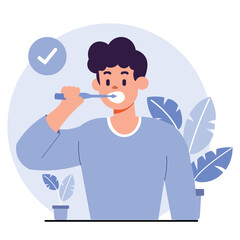 Teenage boy at home, surrounded by plants, brushing his teeth before going to the dentist, wearing a blue sweater. Cool color scheme with a home background. Character Illustration.