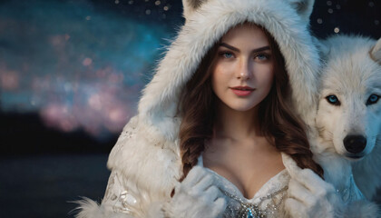 Young Polar Faerie Woman in White Fur Coat, Shy Smile, Icy Blue Eyes, Surrounded by Freckles and Explosive Dark Night Sky with Fireworks