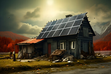   house  have solar panels on the roof ,   house is surrounded by trees, and the sky is filled with clouds   fence is also present  and the grass is visible with red trees and mountains  in background - Powered by Adobe