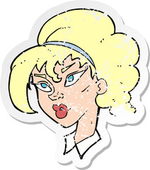 retro distressed sticker of a cartoon pretty woman