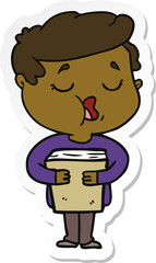 sticker of a cartoon man holding book and singing