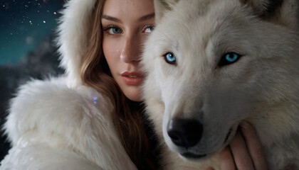 Young Polar Faerie Woman with Icy Blue Eyes, White Fur Coat, Hood, Detailed Jewelry, Shy Smile, and Wolf Dog, amidst Elegant Dark Fireworks Night Sky