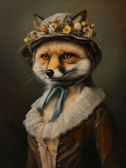 charming fox dressed up like a human for an oil painting portrait in the victorian era wearing period clothing