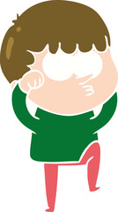 flat color style cartoon curious boy rubbing eyes in disbelief