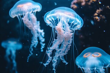 Fototapeta premium Ethereal jellyfish floating gracefully under the sea, showcasing the beauty of ocean life in a dark, serene environment