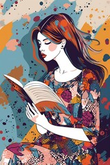 illustration, a girl who is reading a sitting book