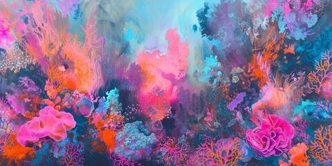 Fototapeta na wymiar Phosphorescent coral reef, abstractly reimagined with fluorescent pinks, oranges, and blues