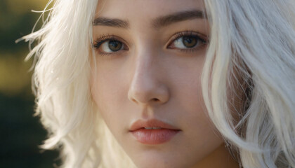 Young Blonde Woman with Red Lips and Large Eyes in a Serene Winter Setting: Snowy Trees, Sunshine, and Floating White Hair