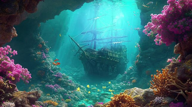 Illustration of pirate ship under the sea with corals and fish Seamless looping 4k time-lapse virtual video animation background. Generated AI