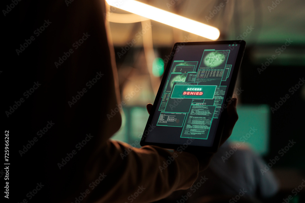 Poster access denied message on digital tablet screen, unsuccessful password cracking, database hacking fai