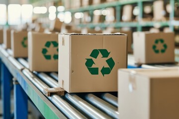 Recycling concept with cardboard boxes on a conveyor belt in a green facility, promoting eco-friendly packaging.

