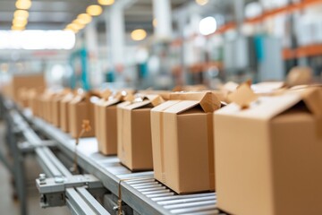 Modern conveyor belt with cardboard boxes in a distribution warehouse, showcasing logistics and delivery.

