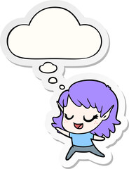 carton happy elf girl dancing and thought bubble as a printed sticker