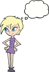 cartoon girl with hands on hips with thought bubble