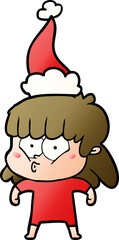 gradient cartoon of a whistling girl wearing santa hat