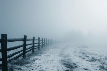 Misty winter scene with a wooden fence leading into the unknown, a metaphor for solitude and contemplation.

