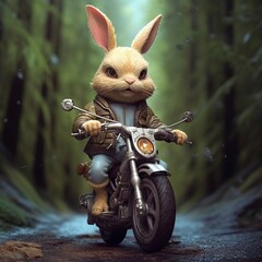 cartoon illustration, bunny riding a bike through the forest