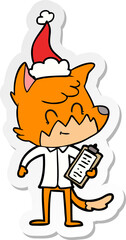 sticker cartoon of a friendly fox manager wearing santa hat