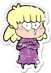 distressed sticker of a cartoon whistling girl