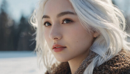 Young Blonde Woman with White Hair and Blue Eyes, Smiling in Wintery Outdoor Setting amongst Snowy Trees and Sunshine