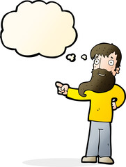 cartoon man with beard pointing with thought bubble