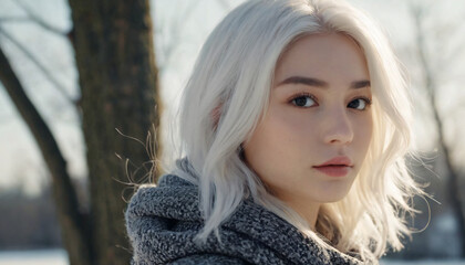 Young Blonde Woman with White Hair, Stunning Symmetry Face, Posing in Wintery Forest among Trees and Sunshine