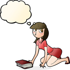 cartoon girl picking up book with thought bubble