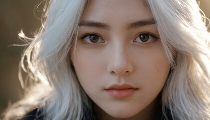 Silver-Haired Young Girl in Winter: Emotional Moment among Snowy Trees with Long Floating Locks and Radiant Eyes