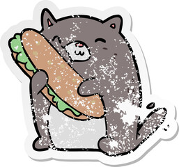 distressed sticker of a cartoon cat with sandwich