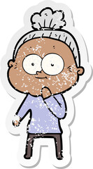 distressed sticker of a cartoon happy old woman