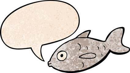 cartoon fish and speech bubble in retro texture style