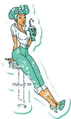 Obraz premium distressed sticker tattoo style icon of a pinup girl drinking a milkshake