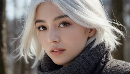 Young Woman with White Hair and Brown Coat: Winter's Emotional Innocence - Snowy Trees, Floating Gray Locks, Sunshine