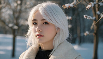 Young Blonde Girl with White Hair: Wintery Scene - Emotional Innocence among Snowy Trees and Sunshine