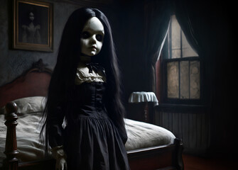 Scary victorian doll with long black hair standing in an old mansion bedroom