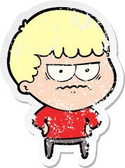 distressed sticker of a cartoon annoyed man