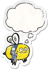 cartoon bee and thought bubble as a distressed worn sticker