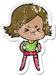 distressed sticker of a cartoon angry woman
