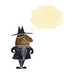 cartoon man in coat and hat with thought bubble