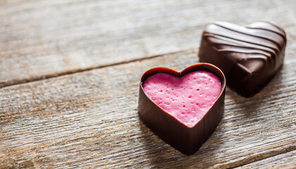 Chocolate hearts on a wooden background. Chocolate heart shaped candies with pink filling