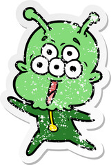 distressed sticker of a happy cartoon alien