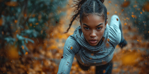 Portrait of a black girl running in the park while it is raining.