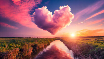 Colorful sunset over the river with cloud in the shape of heart