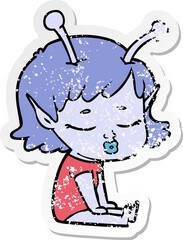 distressed sticker of a cute alien girl cartoon