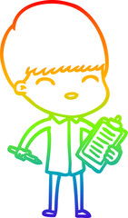 rainbow gradient line drawing cartoon boy taking notes