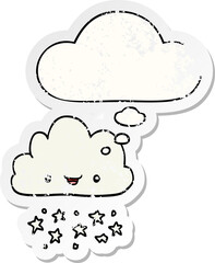 cartoon storm cloud and thought bubble as a distressed worn sticker