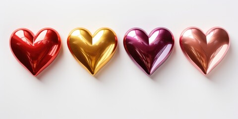 Fototapeta premium Set of four metal hearts on a white background. View from above. Generative AI
